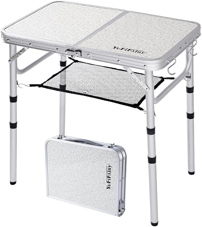Small Folding Camping Table, 2ft Portable Table with 3 Adjustable Heights, Aluminum Lightweight Foldable Picnic Table with Mesh Layer and Extension Legs for RV, BBQ and Indoor (Silver)