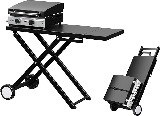 Bonnlo Foldable Flat Top Grill with 2 Burner & Lid, Powerful 20,000 BTU Propane Gas Grills with Ignition, Enamel Griddle, Side Shelf & Portable Cart with Wheels for Outdoor Camping Hibachi Grill Use