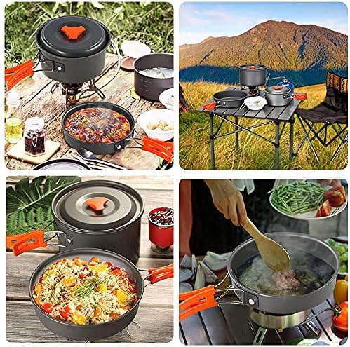 Camping Cookware Kit Portable Kitchen Cooking with Folding Handle Travel Tableware Lightweight Bowls Utensil Pot Pan Set for 1 to 2 People Outdoor Backpacking Hiking Picnic Camping BBQ