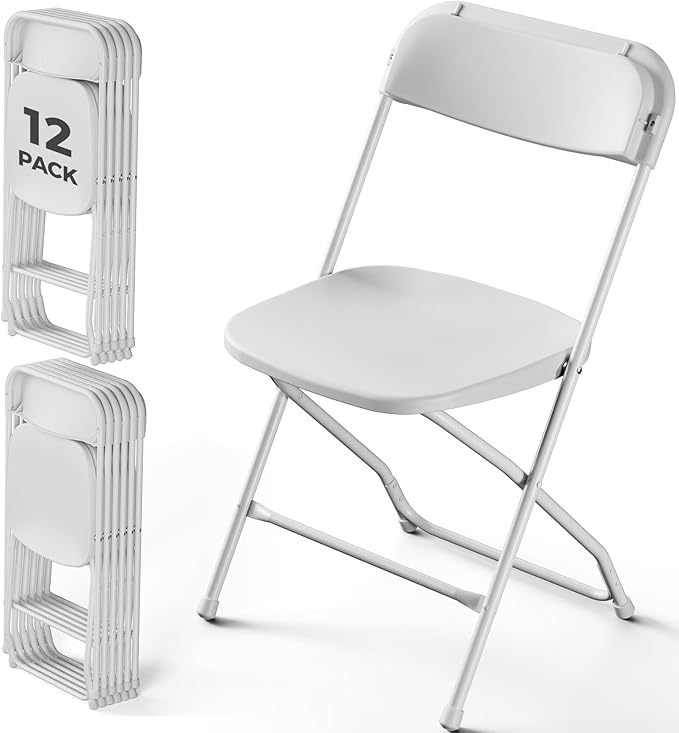 Folding Chairs 12 Pack, Plastic Folding Chairs for Outside, Heavy Duty Foldable Chairs, Sturdy Metal Folding Chairs, 350 lbs Capacity, for Patio, Garden, Camping, White