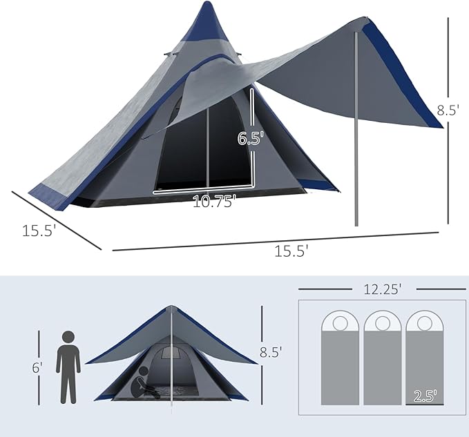 Family Teepee Tent Waterproof Camping Tent with Porch, Floor & Carry Bag for 2-3 Person Backpacking, Hiking, and Outdoor Adventures Blue