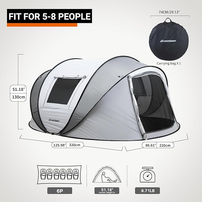 EchoSmile Instant Pop Up Camping Tent, 2/4/6 Person, Easy Setup Tent, Water Resistant Dome, Portable with Carry Bag