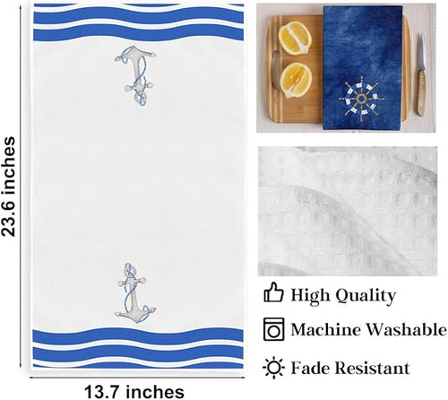 4Pcs Nautical Kitchen Towels 24x14 Inch, Navy Blue Waffle Weave Hand Towels for Kitchen Home Bathroom, Absorbent Microfiber Dish Cloth Tea Towel, Housewarming Gifts for Women Mom Friends