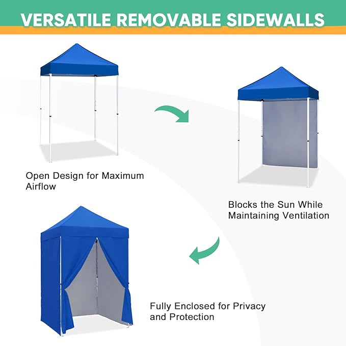 5x5 Pop Up Canopy Tent with Four Sidewalls, Instant Portable Beach Canopy, Outdoor Tent with Carry Bag for Camping, Sports, Tailgating, Events, Blue