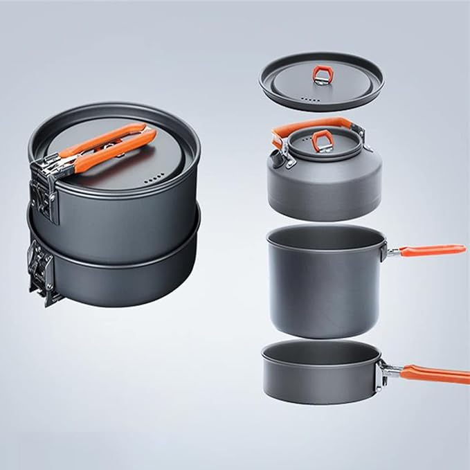 Camping Cookware Set Hiking Heat-Exchanger Aluminium Pot Tableware Dishes Lightweight Foldable Pots Pans for Backpacking Picnic Outdoor