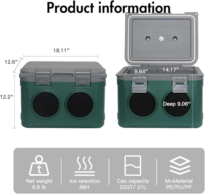 Camp Cooler with Bluetooth Speaker 22 Quart，48 Hours Ice Retention, Portable Handle, Outdoor Camping Cooler for BBQs, Beach, Hiking