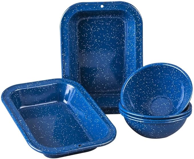 Cinsa 23 Piece. Enameled Dinnerware Camping/Outdoor Set for 4. Includes Plates, Bowls, Mugs, Coffee Boiler.
