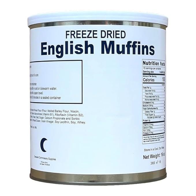 Military Surplus Freeze-Dried English Muffins 16 Oz Long-Term Emergency Food | 25+ Year Shelf Life | Fully Cooked, Easy to Prepare Survival Meal | Ideal for Camping & Outdoor Adventures Made in USA