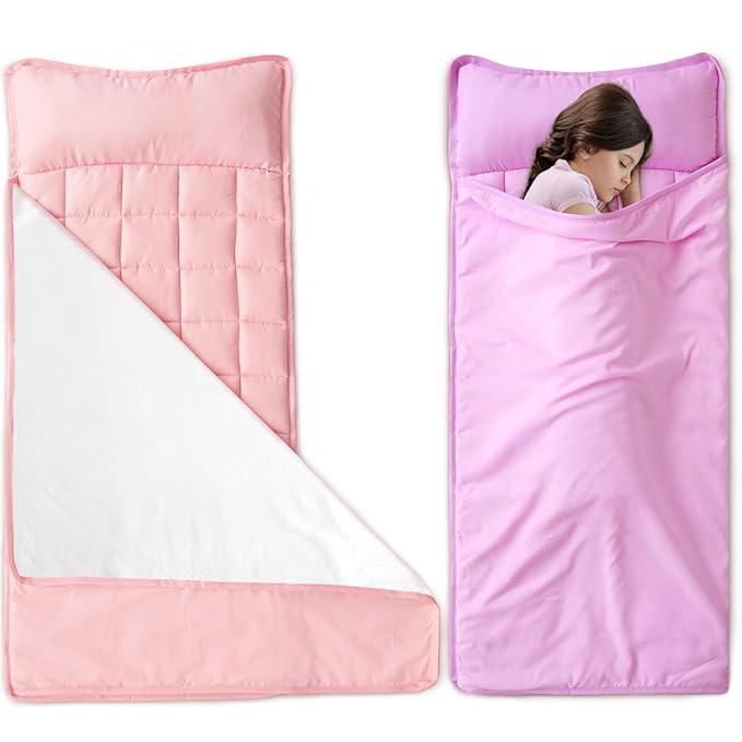 2 Pack Toddler Nap Mat with Fleece Blanket, Extra Large Kids Sleeping Bag for Preschool Daycare, Portable Travel Camping Nap mats Machine Washable Pink and Violet