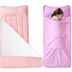 2 Pack Toddler Nap Mat with Fleece Blanket, Extra Large Kids Sleeping Bag for Preschool Daycare, Portable Travel Camping Nap mats Machine Washable Pink and Violet