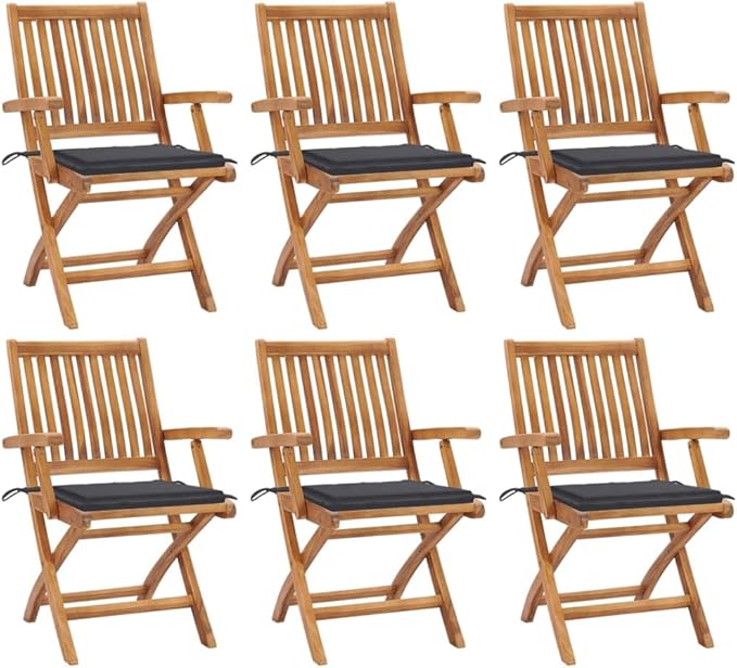Folding Patio Chairs with Cushions 6 pcs,Outdoor Lounge Chair,Portable Camping Chair,Bistro Table and Chairs Outdoor,Features 2 Sets of Ropes,for Balcony/Garden/Backyard, Solid Teak Wood