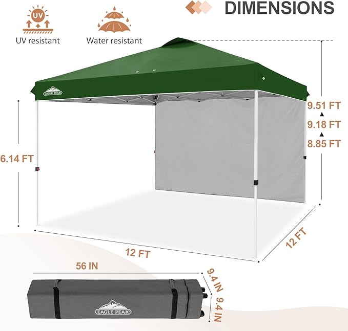 EAGLE PEAK Commercial Canopy 12x12 Pop Up Canopy Tent with 1 Sidewall, Easy Setup Heavy Duty Instant Event Shelter for Vendors & Markets, Outdoor Sun Shade, Green