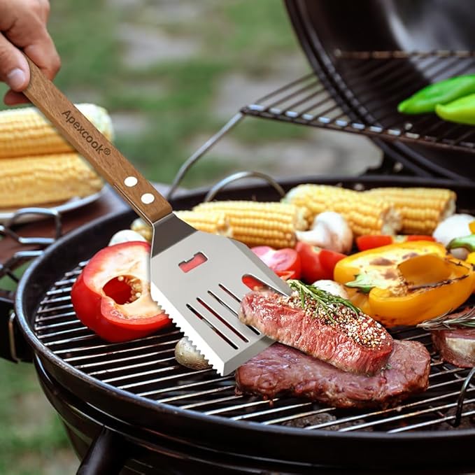 5-in-1 Multifunctional Grill Spatula - Heavy Duty Stainless Steel BBQ Tool with Bottle Opener, Meat Tenderizer & 15.7" Wood Handle for Outdoor Grilling, Camping, Backyard BBQ