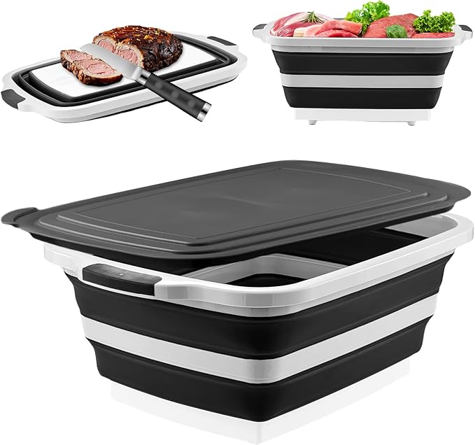 Collapsible BBQ Prep Tub with Cutting Board & Lid, Folding Food Container BPA-Free Heavy-Duty, Dishwasher Safe, Upgraded Drain Hole - for Camping, Grilling Outdoor Cooking (Black, XX-Large)
