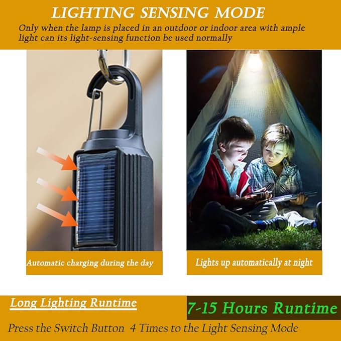 8pack Solar Camping Lights Sensor Hooked Tent Lamp Hanging Outdoor Waterproof Camp Small Rechargeable Bulb Portable Lantern with Clip Hook 3 Lighting Modes for Hiking Backpacking Warm Light