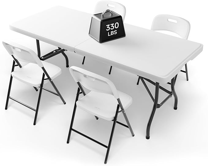 6FT Folding Table Set with 4 Chairs – Heavy-Duty 330 lb Table & 600 lb Chairs, Portable Foldable Furniture Set for Camping, Parties, Indoor & Outdoor Use