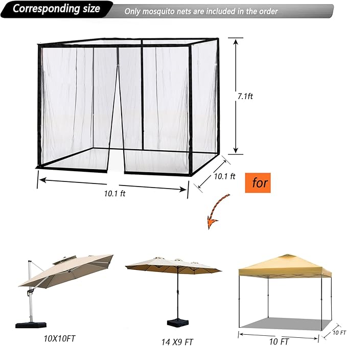 10x10 Mosquito Netting for Patio Canopy Tent/Pop Up Canopy Tent,Double Door Side Screen Easy Installation Black（Only Mosquito Net No Frame） (Around 10x10FT)