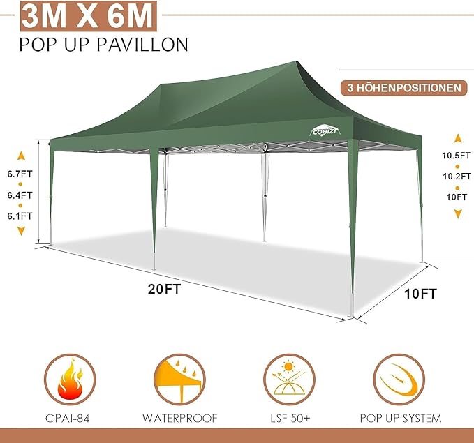 COBIZI 10x20 Pop Up Canopy Tent with Sidewalls,Party Tent Outdoor Gazebos, Waterproof & UV50+,3 Adjustable Heights,Higher Frame Design - Extra Tall for Parties Backyard,Weddings,Markets, Green