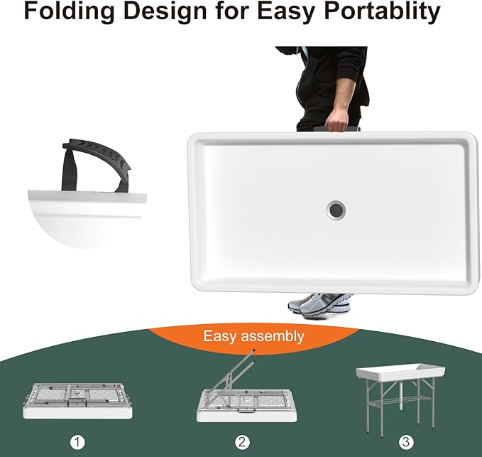 4 Foot Ice Cooler Table, Folding Tailgate Camp Fishing Cleaning with Matching Skirt & Drain Hose, Plastic Ice Table for Party, BBQ, Camping, Picnic, Barbecues to Keep Drinks Cool, White