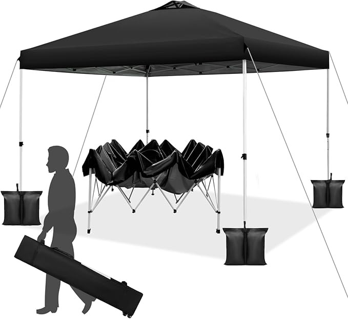 WEIZE Pop up Canopy Tent 10x10ft, 1-Button Push Setup, Instant Portable Shelter, Adjustable Height, Portable Roller Bag, 4 Weight Bags, Guy Ropes & Stakes Included, Black