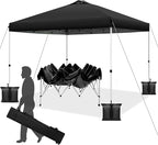 WEIZE Pop up Canopy Tent 10x10ft, 1-Button Push Setup, Instant Portable Shelter, Adjustable Height, Portable Roller Bag, 4 Weight Bags, Guy Ropes & Stakes Included, Black