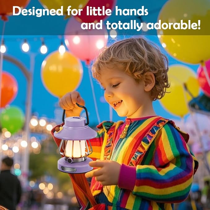 Kids Lantern with 3 Color Light & USB-C Rechargeable, Dimmable Camping Night Light for Children, Safe & Durable ABS Plastic Toddler Flashlight for Bedroom, Tent, Emergency (Purple)