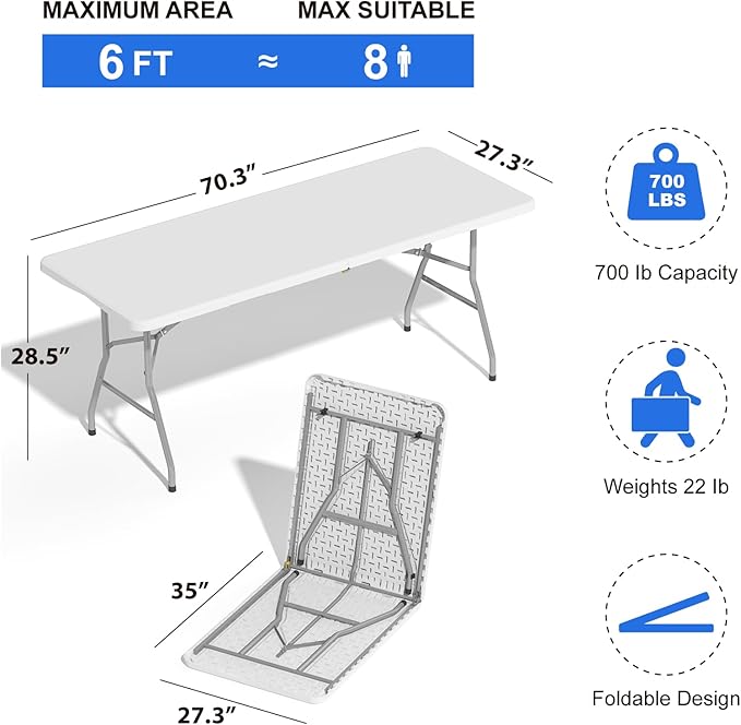10 Pack Foldable Table 6ft, Plastic Folding Table, Portable Heavy Duty Dining Table with Lock Function & Carrying Handle, Outdoor Indoor Foldable White Table for Camping Party Picnic