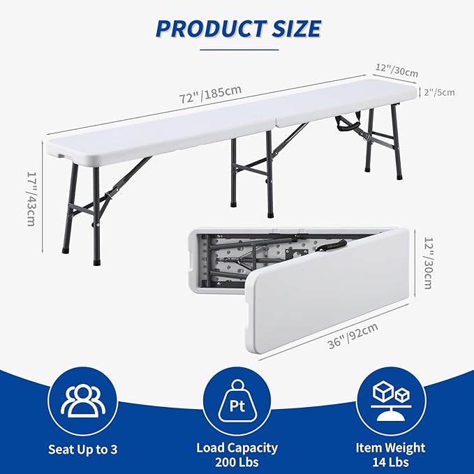 KAIHAOWIN 6FT Plastic Folding Bench White with Carrying Handle Indoor/Outdoor Portable Seat for Picnic, Camping, Dining, Party