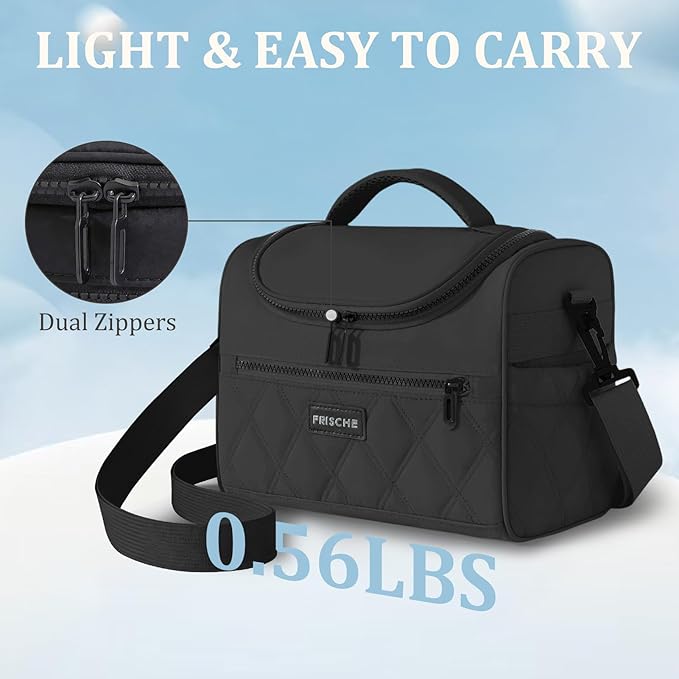 Lunch Bag for Women Soft,Reusable Lightweight Lunch Cooler with Straps,Leakproof Lunch Box for Work Picnic Camping Beach,Black