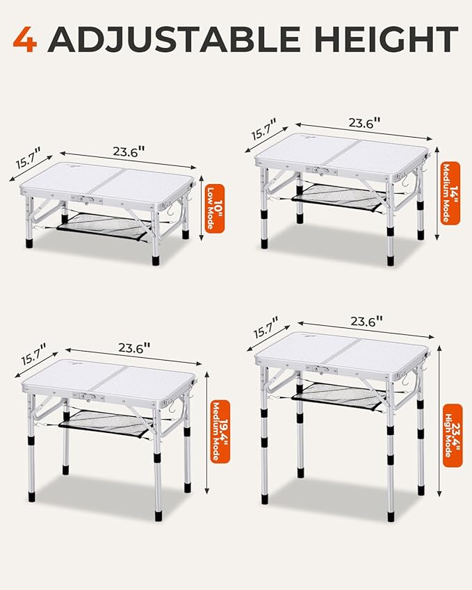 Sportneer Camping Table: Adjustable Height Small Folding Table 23.6" L x 15.7" W 4 Height with Mesh Layer - Compact & Portable Camping Essentials for Outdoor Camp Garden Picnic BBQ Dining Cooking | Adjustable Height, 3 Height, Mesh Layer, Compact, Port...