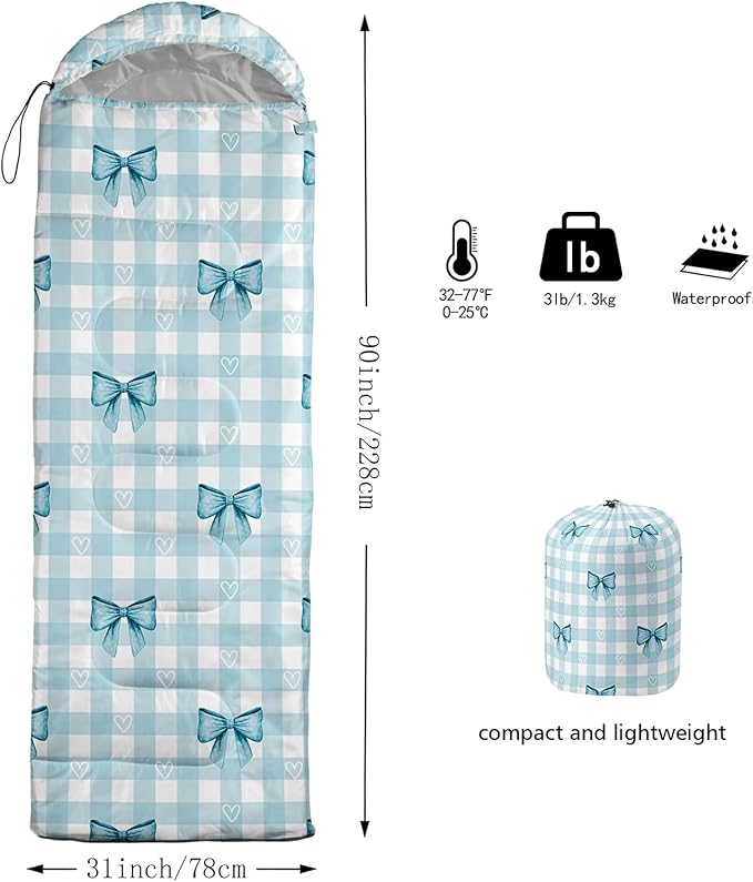 Colorful Bow Sleeping Bag, 3 Season Warm Cool Weather, Hand Drawn Bow Camping Sleeping Bag for Adult, Cute Bowknot Camping Backpacking for Outdoor Traveling Hiking Hunting Gear Equipment
