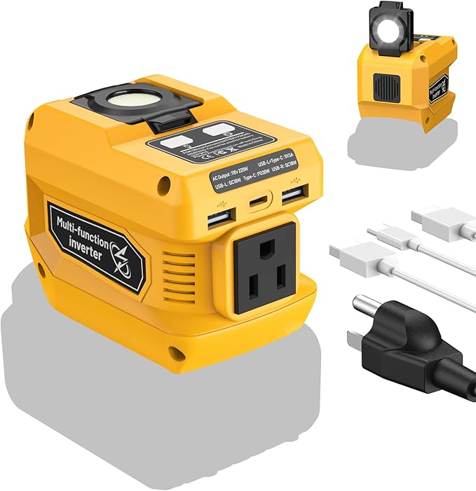 220W Power Inverter Compatible with Dewalt 20V Battery(Battery not Included), DC 20V to AC 110V, 2 USB Ports & 1 Type-C Fast Charging, 400LM LED Work Light