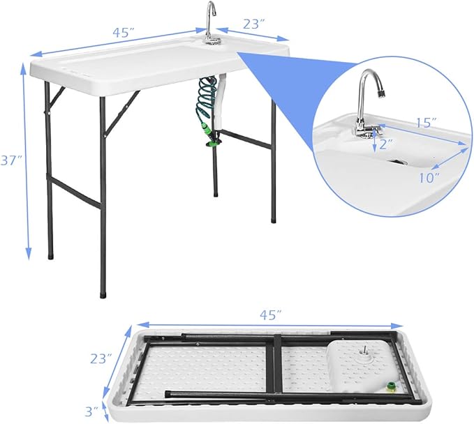 GYMAX Fish Cleaning Table with Sink, Folding Fish Cleaning Station with Adjustable Spray Cleaner, Foldable & Rotatable Faucet, Portable Fillet Table for Outdoor Camping, Fishing, Picnic