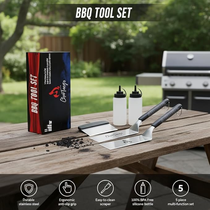 Blackstone Griddle Spatula Set 5-Piece - Heavy Duty 3mm Stainless Steel BBQ Tools with Scraper & Oil Bottles - Professional Griddle Accessories for Blackstone/Camp Chef/Hibachi/Camping Grill