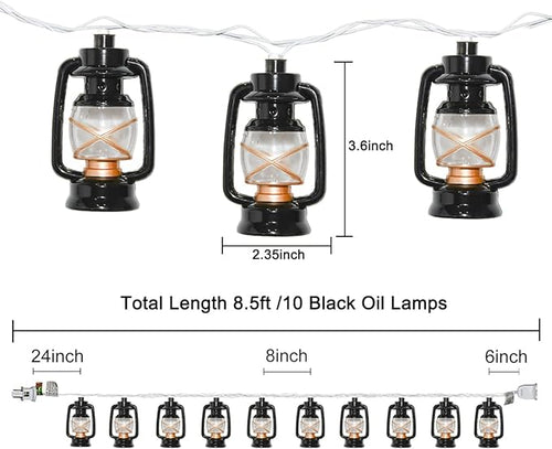 8.5Ft Black Mini Kerosene String Lights, Vintage Fairy Decorative Lights with 10 Mini Black Kerosene Lights, Connectable Outdoor Lantern Christmas Light for Bedroom Camping Wedding Garden Holiday