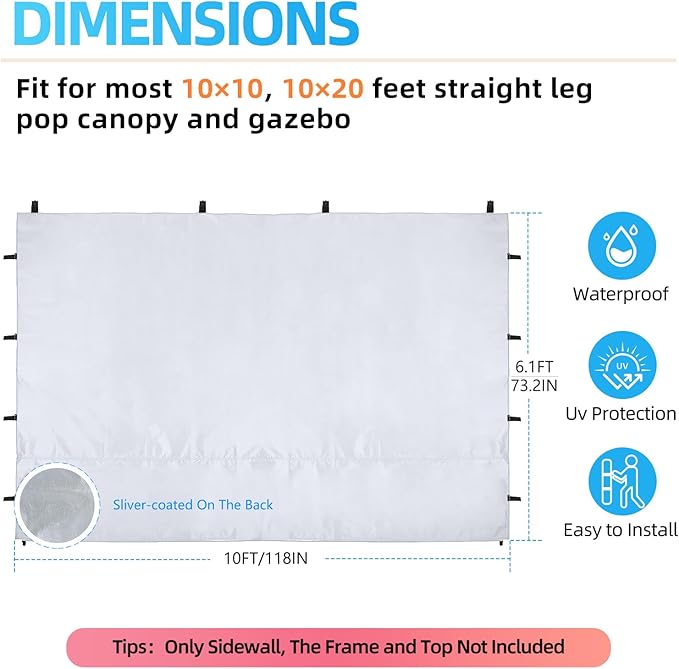 Joramoy Instant Canopy Sidewall 10×10 for Pop Up Tent, Waterproof Sunwall for Straight Leg Canopy with UV Protection, 1 Pack Side Panels Only(10×10, White)