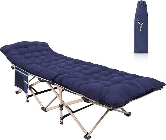 Nice C Camping Cots with Cushion, Camping Cots with Mattress, for Adults, Folding Cot, with Pillow, Carry Bag & Storage Pocket, Extra Wide Sturdy, Holds Up to 500 Lbs (1, Mattress Navy)