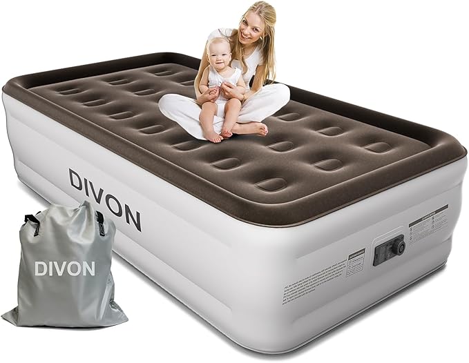DIVON Twin Air Mattress with Built in Pump Raised, 2 Min Self Inflatable Mattress, 18’’ Blow up Mattress for Adults, 330 LBS Portable Air Bed for Guest, Camping, Travel & Floor, Brown