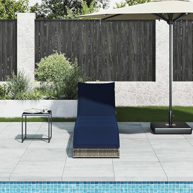 Folding Sun Lounger with Cushion and Storage Gray Poly Rattanrecliner Tanning Chair Camping Chairs Patio Suitable for Garden Courtyard