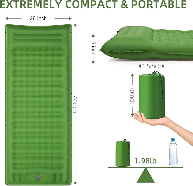 5" Extra Thick Inflatable Camping Sleeping Pad with Built-in Pillow & Foot Pump - Compact for Backpacking, Hiking, Travel