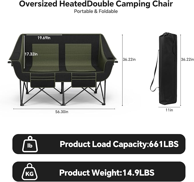 SHIJING Heated Double Camping Chair for Adults with 3 Heating Levels, 661lbs Weight Capacity, Portable Folding Heated Chair for Outdoor, Beach, RV, Picnic & Lawn (Battery Not Included)