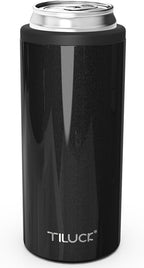TILUCK Skinny Can Cooler for Slim Beer & Hard Seltzer, Stainless Steel, Doucle-Walled Stainless Steel Insulated Slim Cans, Standard 12 oz (Glitter Black)