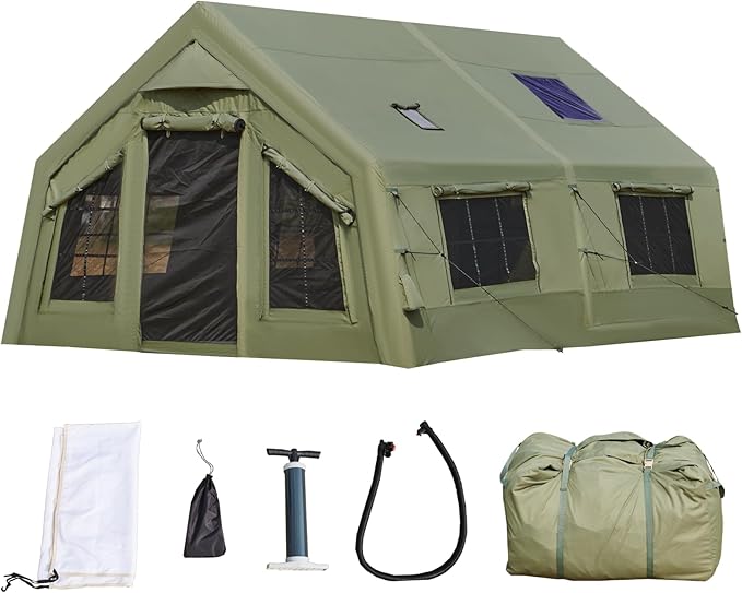 YOLENY Inflatable Tents for Camping, 6-12 Person Blow Up Tent with TPU Skylight, Canopy, Mesh Windows, Stove Jack & Pump, 4 Season Large Inflatable Tent, Waterproof & Windproof
