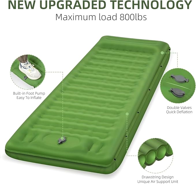 5-Inch Extra Thick Inflatable Sleeping Pad with Built-in Pillow & Foot Pump for Camping