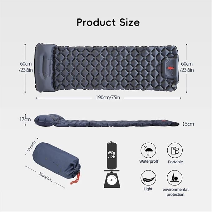 Inflatable Camping Mats Air Mattress with Pillow, Self-Inflating Sleeping Pad, Portable Outdoor Tourist Mat for Hiking Climbing Backpacking Tent(Navy)
