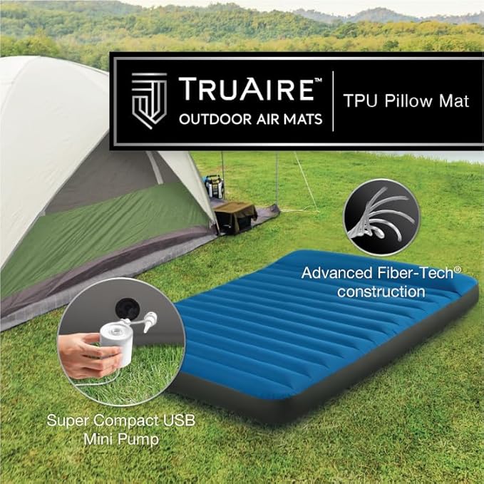 Intex 64012E TruAire Luxury Camping Mattress: Fiber-Tech – Puncture-Resistant Laminate – QuickFill USB Air Pump – 600lb Weight Capacity – Full Size, Blue