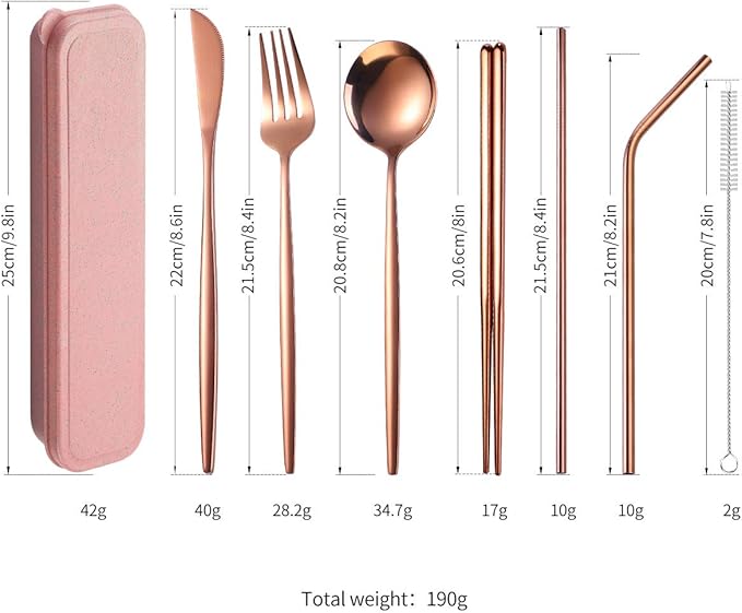 Flatware Silverware Set, Stainless Steel Portable Tableware Set Portuguese Chopsticks Straws Outdoor Camping Knife Fork Spoon, Tableware Cutlery Set(Rose Gold,12Set)