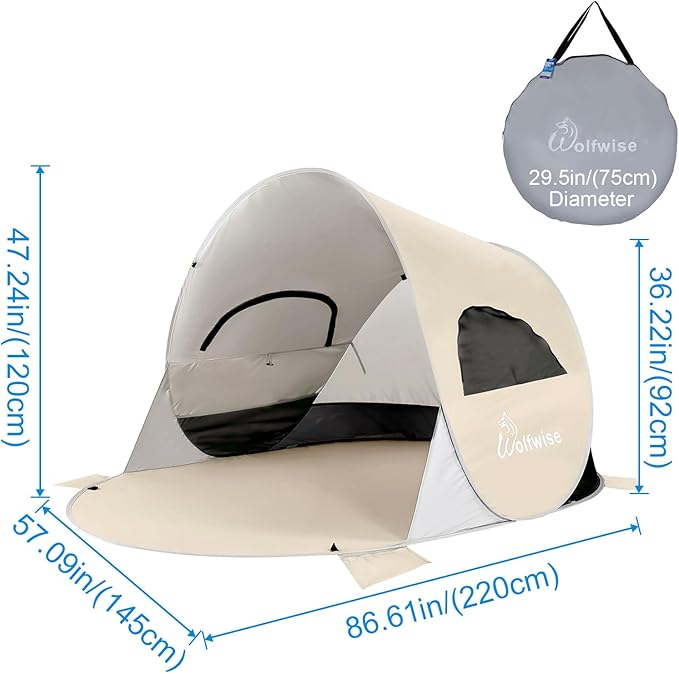 Wolfwise Pop up Beach Tent Sun Shelter with UPF50+ UV Protection, Instant Easy Setup Popup Beach Shade Canopy for 3 Person, Portable & Foldable with Carring Bag, 87 ×57×47 in, Beige