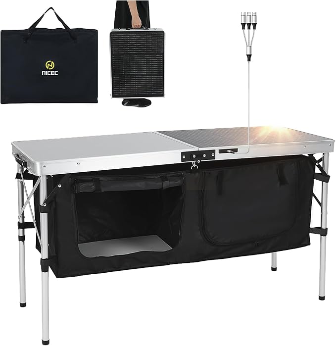 Nice C Camping Table, Storage Camping with Solar Panels Camping Kitchen Table, Upgrade Light Stand and 3 Organizers