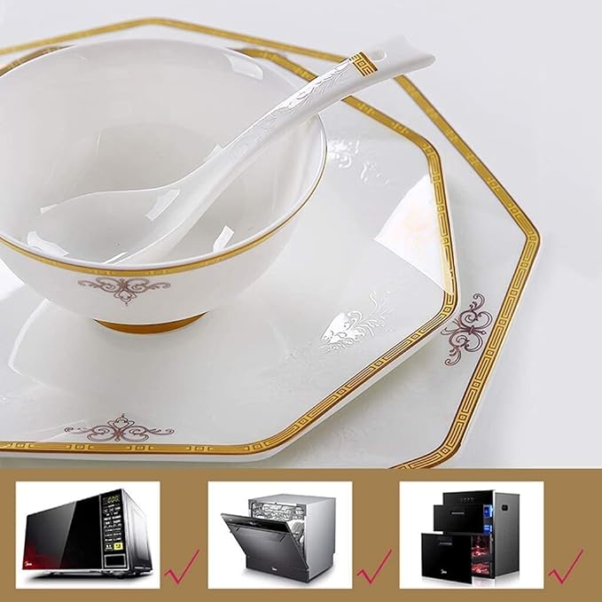 Ceramic Tableware Set with 56 Pieces, Bowl/Soup Pot/Spoon, Bone China Tableware, Octagonal fold Design, Porcelain Combination Set